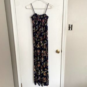 Juicy Couture Navy Blue Tropical Palm Tree Smocked Maxi Dress